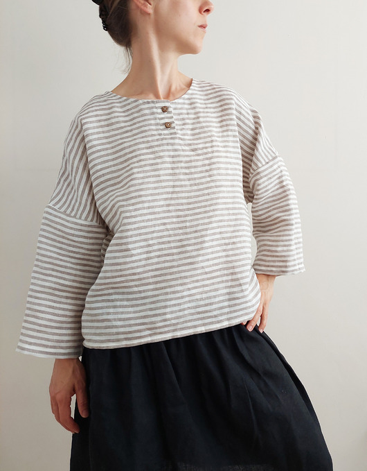 bluzki z długim rękawem damskie Bluzka "ZORZA" paski mocha, 100% len