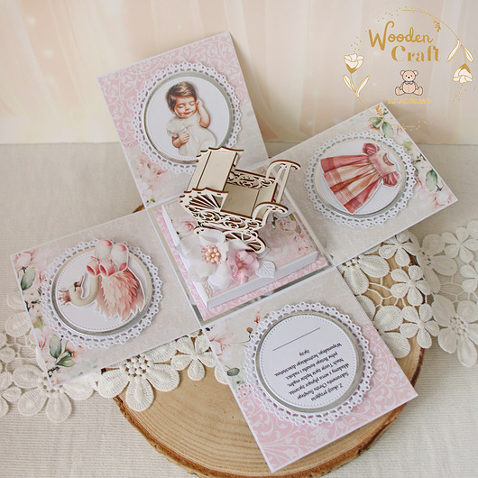 kartki, zaproszenia na chrzest Exploding box na chrzest, roczek, narodziny "Pink Flowers Girl 1"GOTOWY