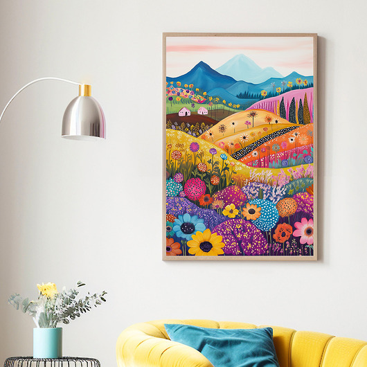 plakaty Plakat Sielski krajobraz z chatkami, kolorowymi polami i górami