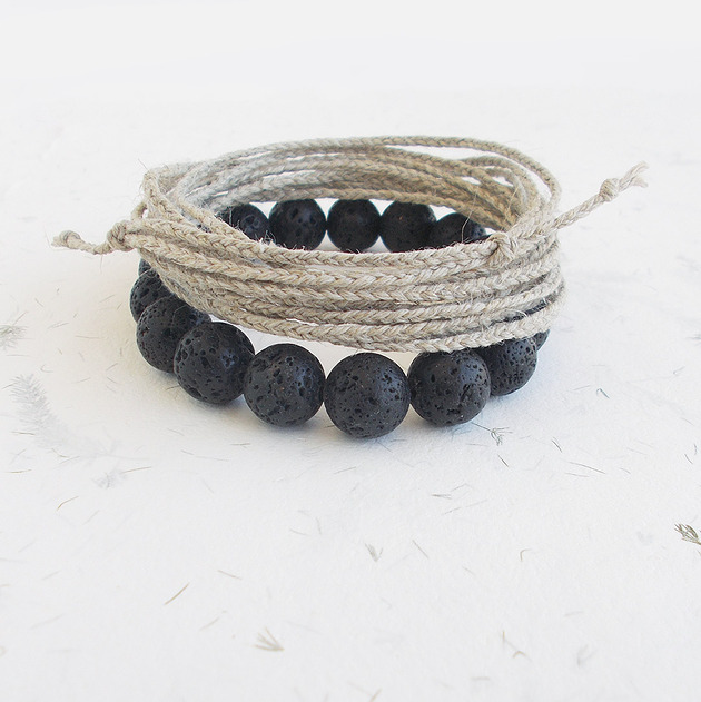 bransoletki z kamieni naturalnych Lawa duże kule 12 mm i pleciony len