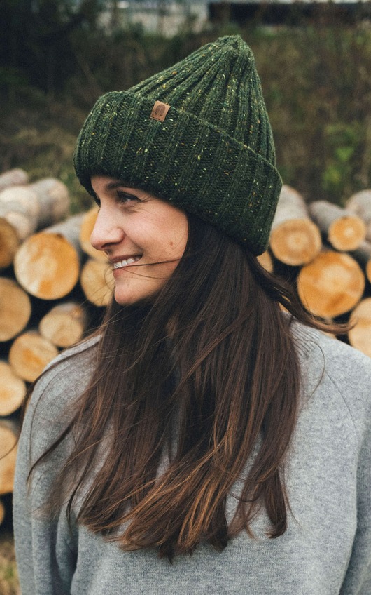 czapki damskie ROSOMAK MELANŻ Czapka Zielona z Nopkami Szeroki Prążek 100% Wełny Merino