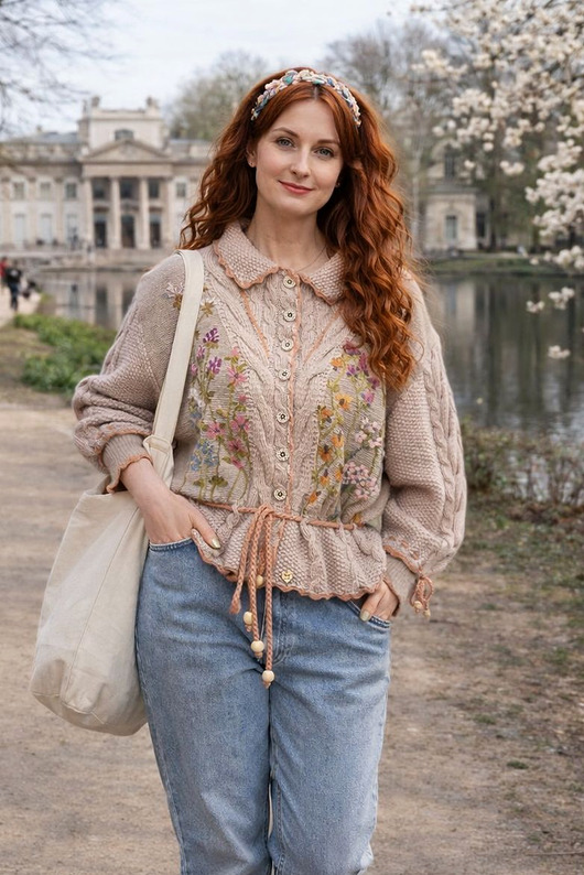 kardigany damskie Beżowy kardigan z warkoczami i haftami, rozmiar L/XL