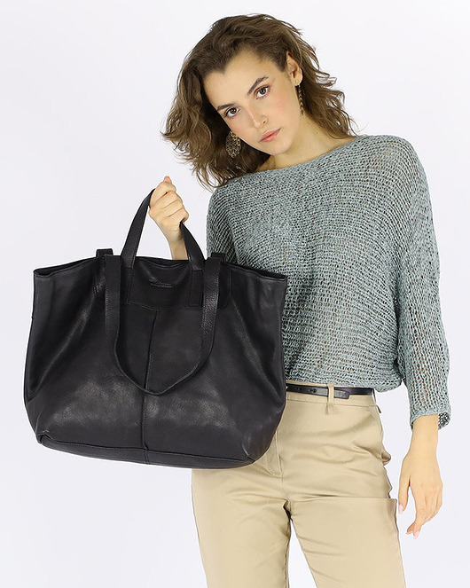 torby na ramię Duża torba shopper skórzana podwójne rączki - czarna