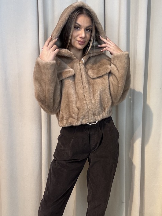 kurtki damskie Futro z kapturem Camel