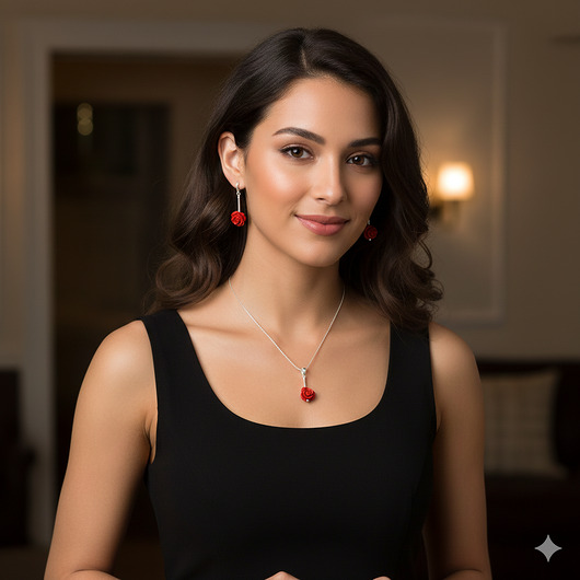 wisiory Wisiorek z koralem, wisior z czerwoną różyczką, srebro 925