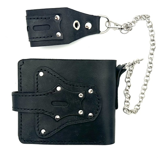 portfele damskie Czarny portfel skórzany na bilon ręcznie uszyty z łańcuszkiem do paska.