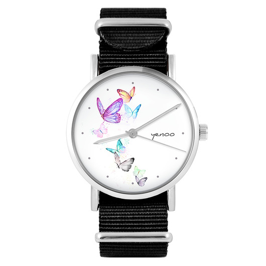 zegarki damskie Zegarek - Motyle - czarny, nylonowy