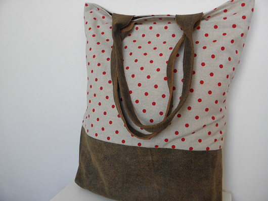 Shopper bag "Kropeczki" - skóra naturalna i len Artmanual