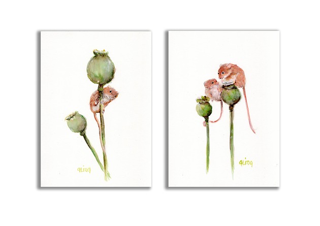 grafiki i ilustracje Akwarela ręcznie malowana "Myszki" zestaw szt