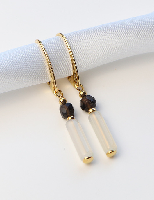 kolczyki pozłacane Kolczyki pozłacane - Kwarc Dymny, Biały Agat