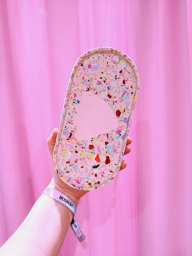 pojemniki na biżuterię Podstawka owalna, kolorowe lastryko, duża taca, biała, kwiatek