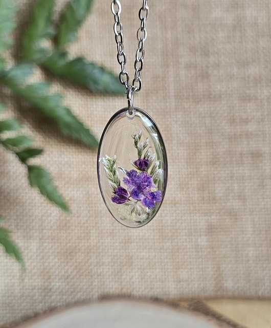 wisiory Wieczne kwiaty srebrna zawieszka prawdziwe kwiaty fioletowa