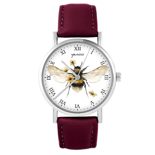 zegarki damskie Zegarek - Bee natural - skórzany, burgund