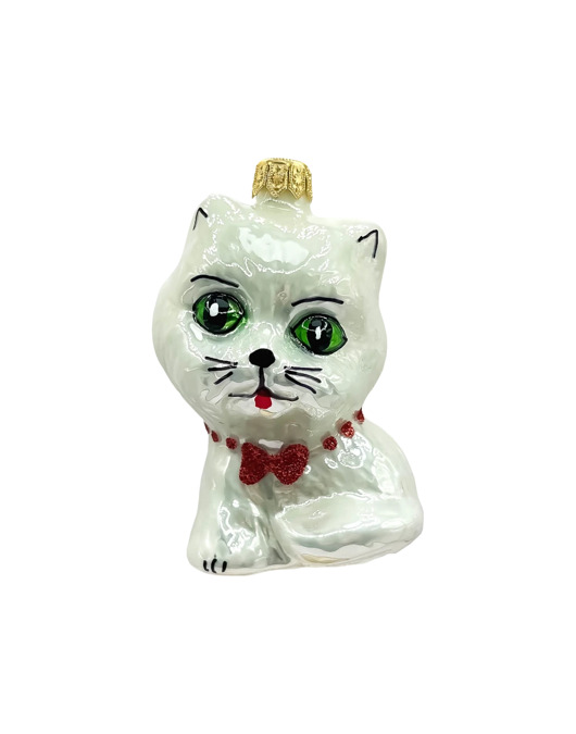 ozdoby choinkowe Bombka choinkowa: Kot z czerwoną muchą: biały