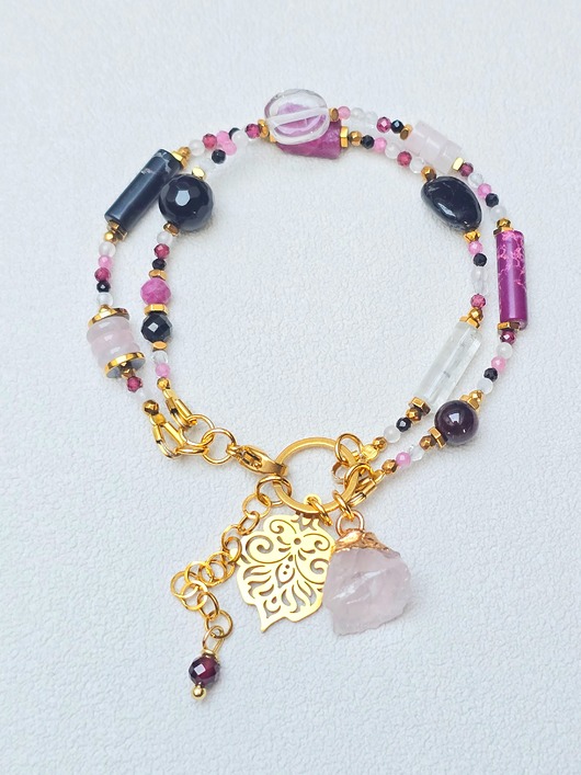 bransoletki z kamieni naturalnych Podwójna bransoletka z Surowym Różowym Kwarcem