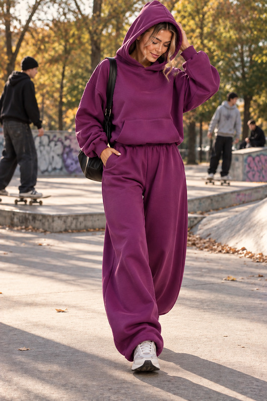 komplety damskie Dres Hoodie + Baggy 2W1 PLUM
