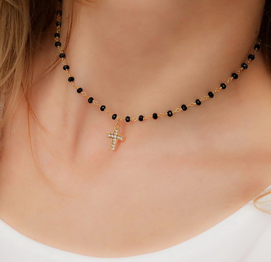 Złoty choker różaniec z onyksami,krzyżykiem Coccola JEWELLERY