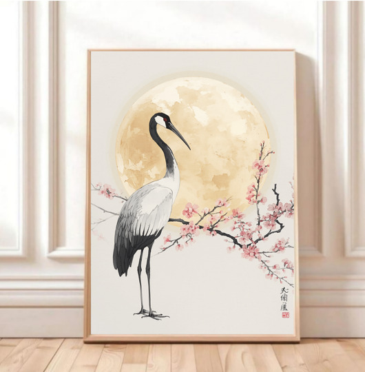 plakaty PLAKAT żuraw, japońska sztuka ścienna, księżyc ilustracja, sakura, japandi