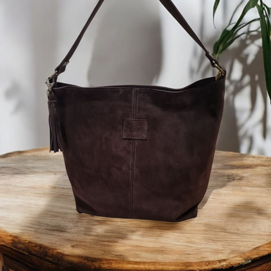 torby na ramię Brązowa zamszowa shopperka. Duża torebka na ramię z frędzlami. Etui gratis