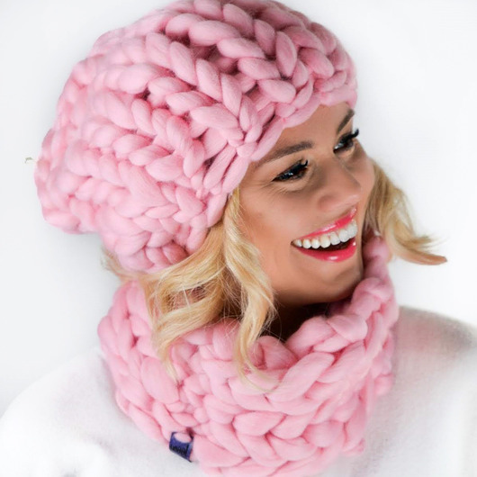 czapki damskie Różowy komplet czapka komin z wełny merynosów