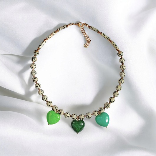 naszyjniki - inne Jaspis dalmatyński i serca : naszyjnik : zieleń