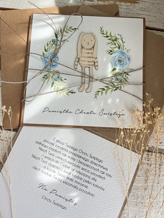 kartki, zaproszenia na chrzest Wyjątkowa ręcznie robiona kartka na chrzest od matki chrzestnej, ojca, dziadk