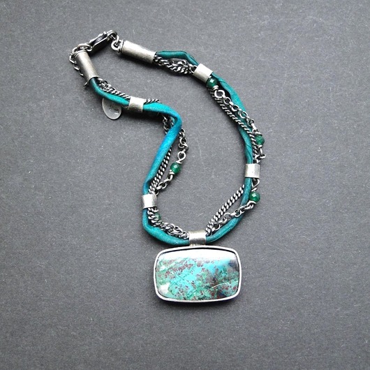 bransoletki srebrne Bransoleta Jedwab,chryzokola,szmaragd