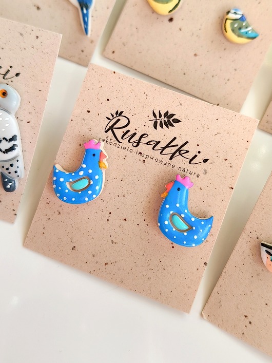 kolczyki z masy plastycznej Kolczyki sztyfty kurki ptaszki, kolorowe niebieskie, rustykalne, wiejskie