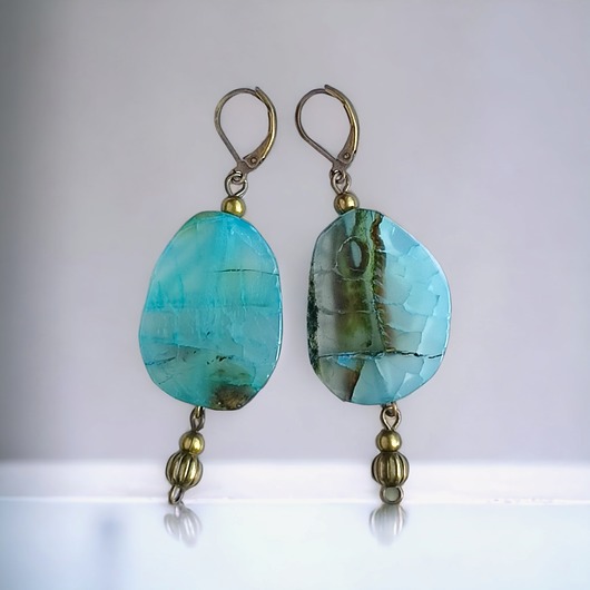 kolczyki z kamieniami UNIKATOWE kolczyki : okazałe : agat aqua : stare złoto