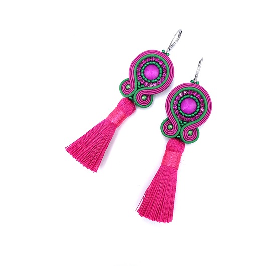 kolczyki soutache Kolczyki sutasz różowo zielone z chwostem Nella
