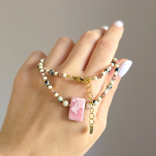 chokery Choker rodochrozyt, jaspis dalmatyńczyk, kamień rzeczny, hematyt unikat