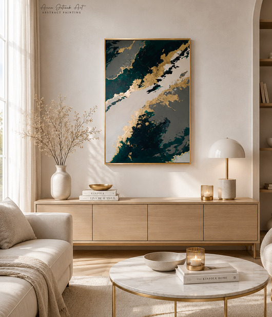 obrazy MALACHIT I ZŁOTO Abstrakcyjny obraz ręcznie malowany, 100x70 cm