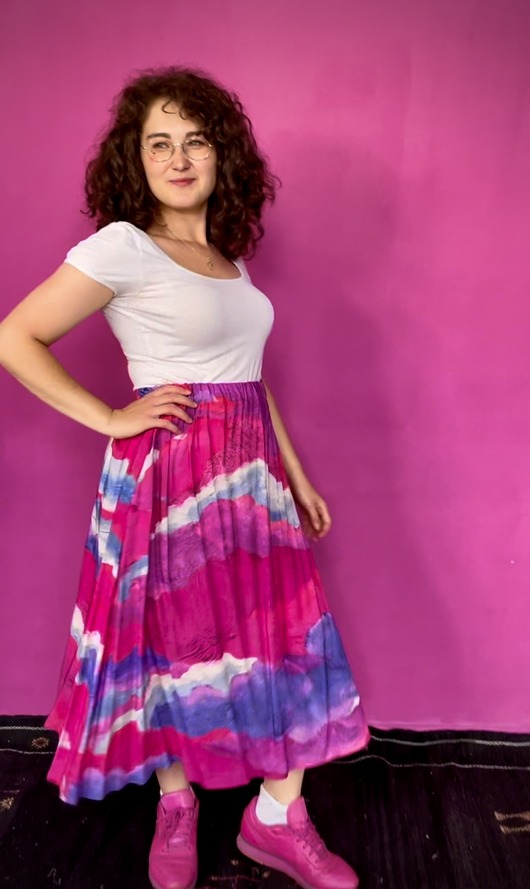 spódnice midi SPÓDNICA 2w1 rozkloszowana z gumką, autorski wzór NIEBO róż (100% wiskoza)