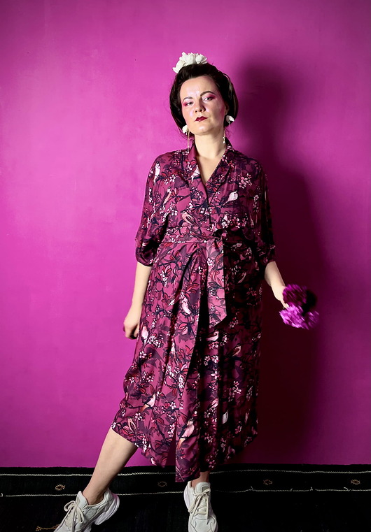 sukienki midi damskie KIMONO / sukienka kopertowa, bordowy print SŁOWIKI 100% wiskoza