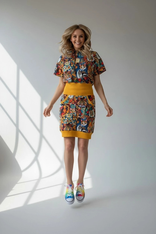 sukienki midi damskie Sukienka dresowa Radżas wzór kolorowe koty kaptur rozmiar M