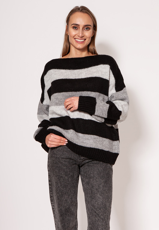 swetry damskie  Oversize'owy sweter w paski - SWE299 szary/czarny/j.szary MKM