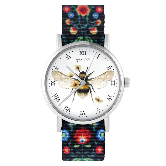 zegarki damskie Zegarek - Bee natural - folk czarny, nylonowy