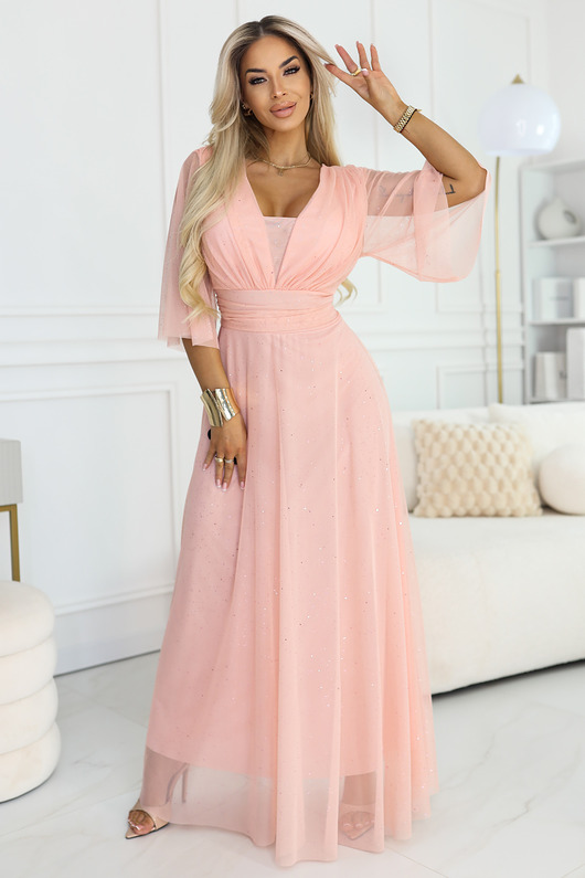 sukienki maxi damskie 654-4 Długa połyskująca sukienka plus size z dekoltem - różowa