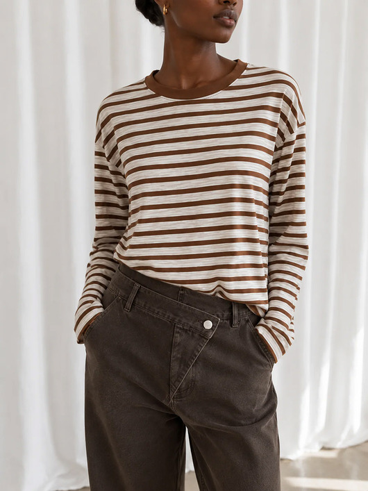 bluzki z długim rękawem damskie Longsleeve stripes chocolate ecru