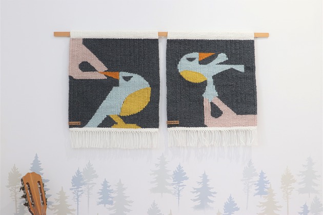 makramy ręcznie tkany kilim / dyptyk - Ptaszki