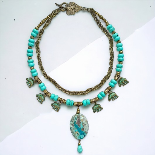 kolie UNIKATOWY naszyjnik : jaspis : turkus i stare złoto : etno