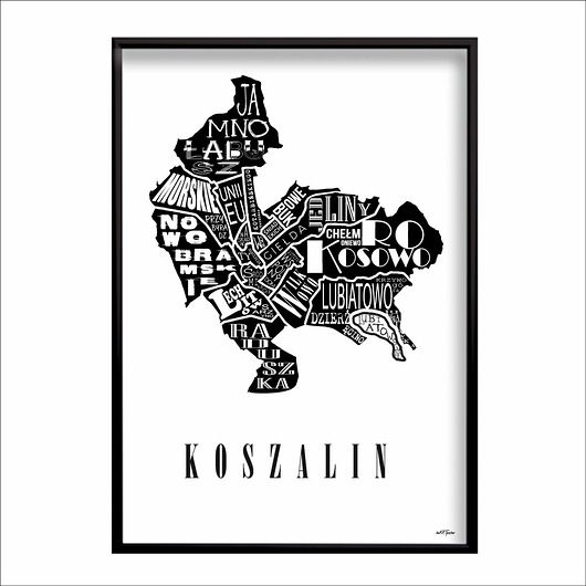 plakaty Mapa - KOSZALIN plakat czarno biały