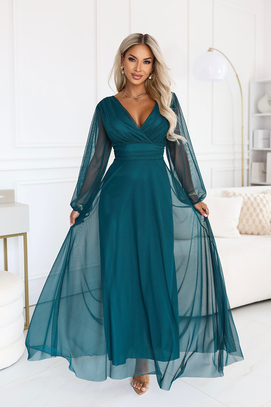 sukienki maxi damskie 684-2 NERISSA elegancka tiulowa sukienka maxi z kopertowym dekoltem - zieleń