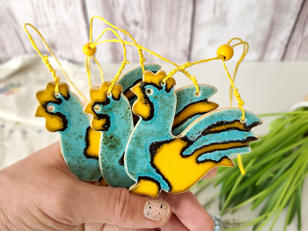 ozdoby wielkanocne Duży kogucik ceramiczny folk  - ozdoba Wielkanocna