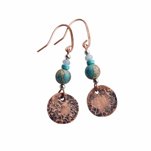 kolczyki z miedzi Kolczyki z kutej, oksydowanej miedzi i jaspisu cesarskiego /4/