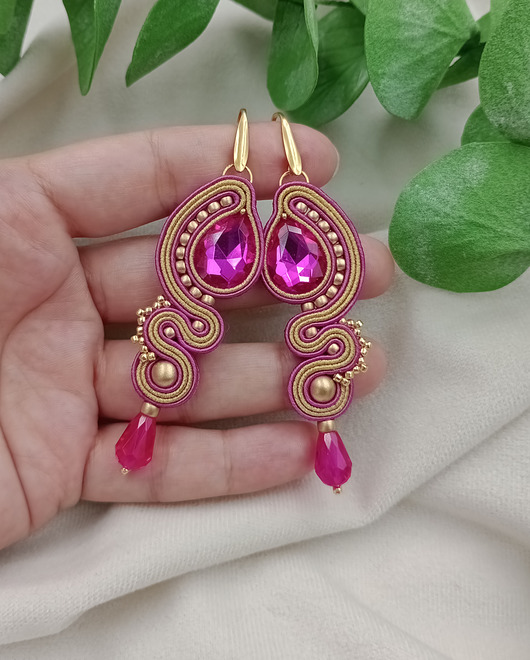 kolczyki soutache Długie kolczyki soutache na wesele, kolczyki fuksja złoto