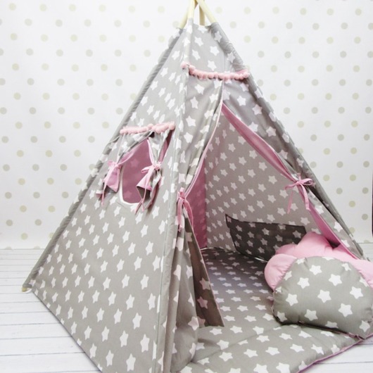 Namiot Tipi +Mata + Poduszki Szaro Różowy Enitka Sweet Baby Room