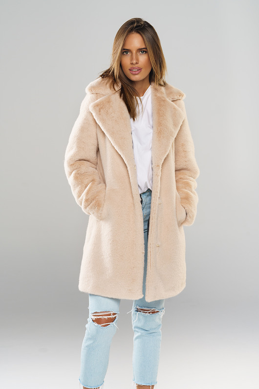 płaszcze damskie Beżowy Płaszcz ze Sztucznego Futra
