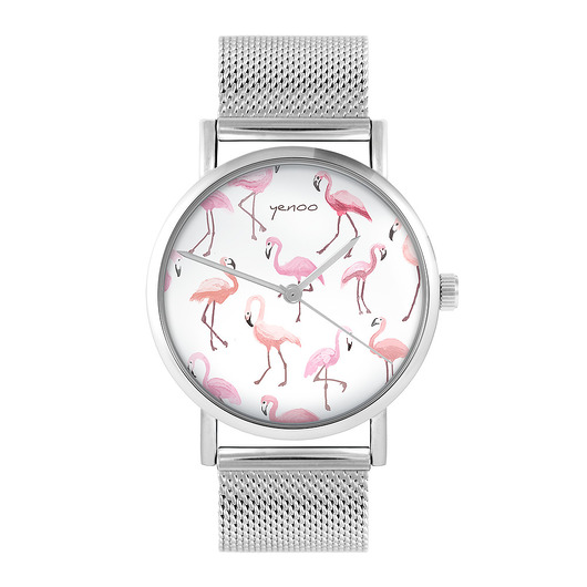 zegarki damskie Zegarek - Flamingi - bransoleta mesh