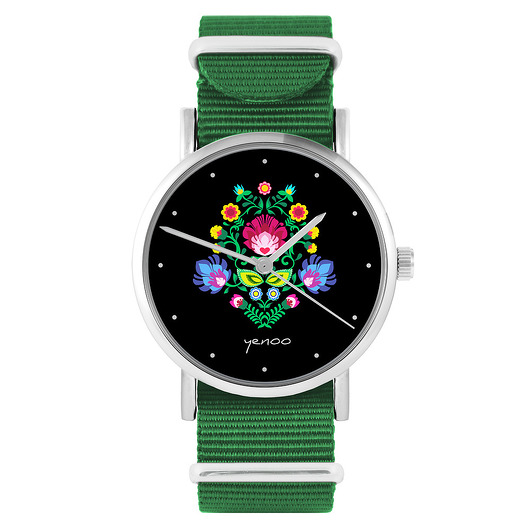 zegarki damskie Zegarek - Folkowy czarny - zielony, nylonowy